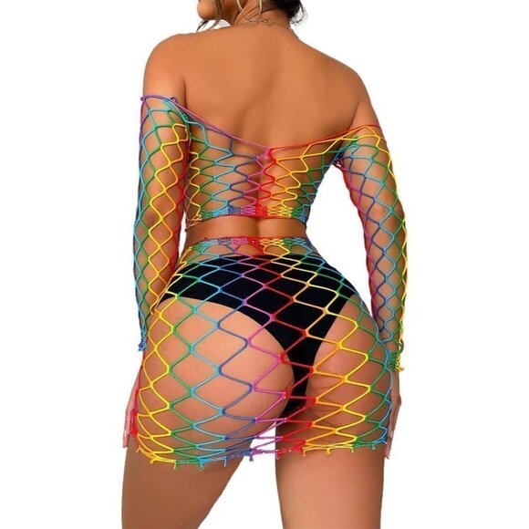𝅺🌈 Rainbow Fishnet Stockings Mesh Lingerie Bodysuit BDSM Bondage Cosplay NWT - Picture 5 of 5